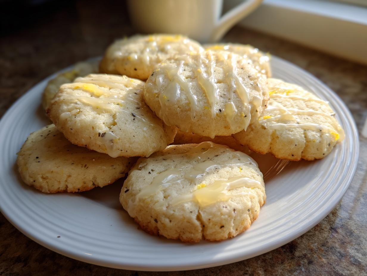 A stack of freshly baked Earl Grey cookies drizzled with a lemon glaze, sitting on a white plate.