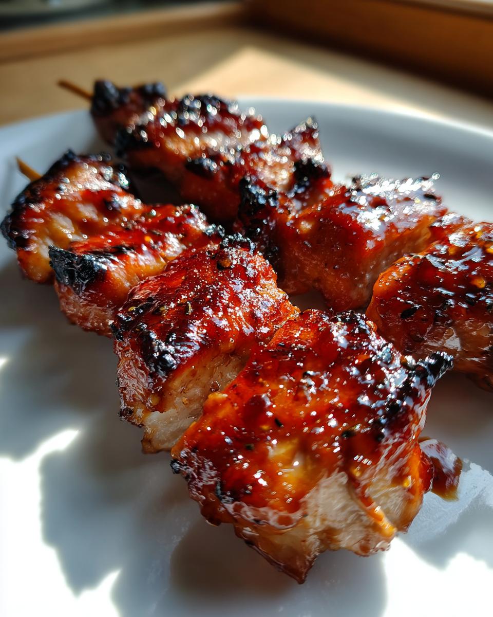 Close-up of succulent, caramelized chicken skewers glistening with a sweet and savory glaze, resting on a white plate.