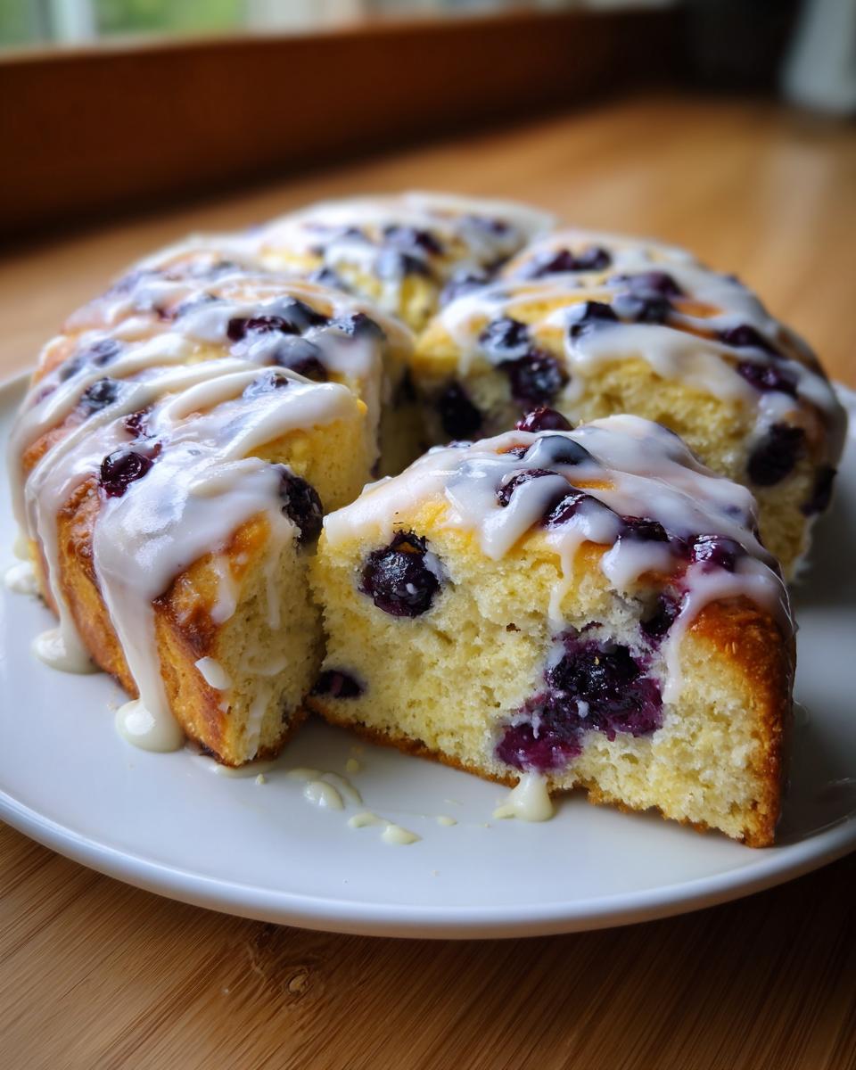 A close-up of freshly baked lemon blueberry scones, drizzled with white glaze, with one piece pulled out.