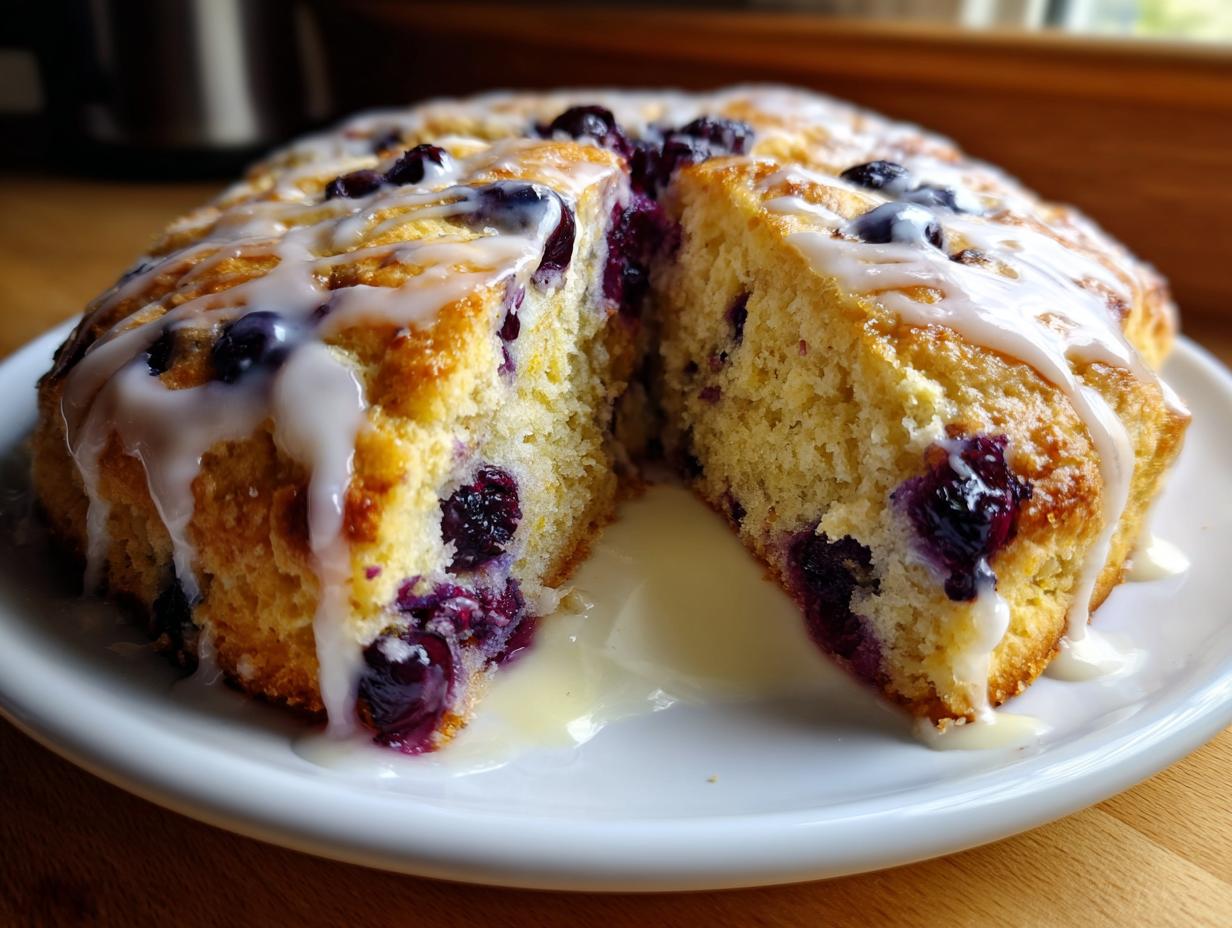 A round lemon blueberry scones cake, cut open to show the moist interior packed with blueberries, drizzled with white glaze.