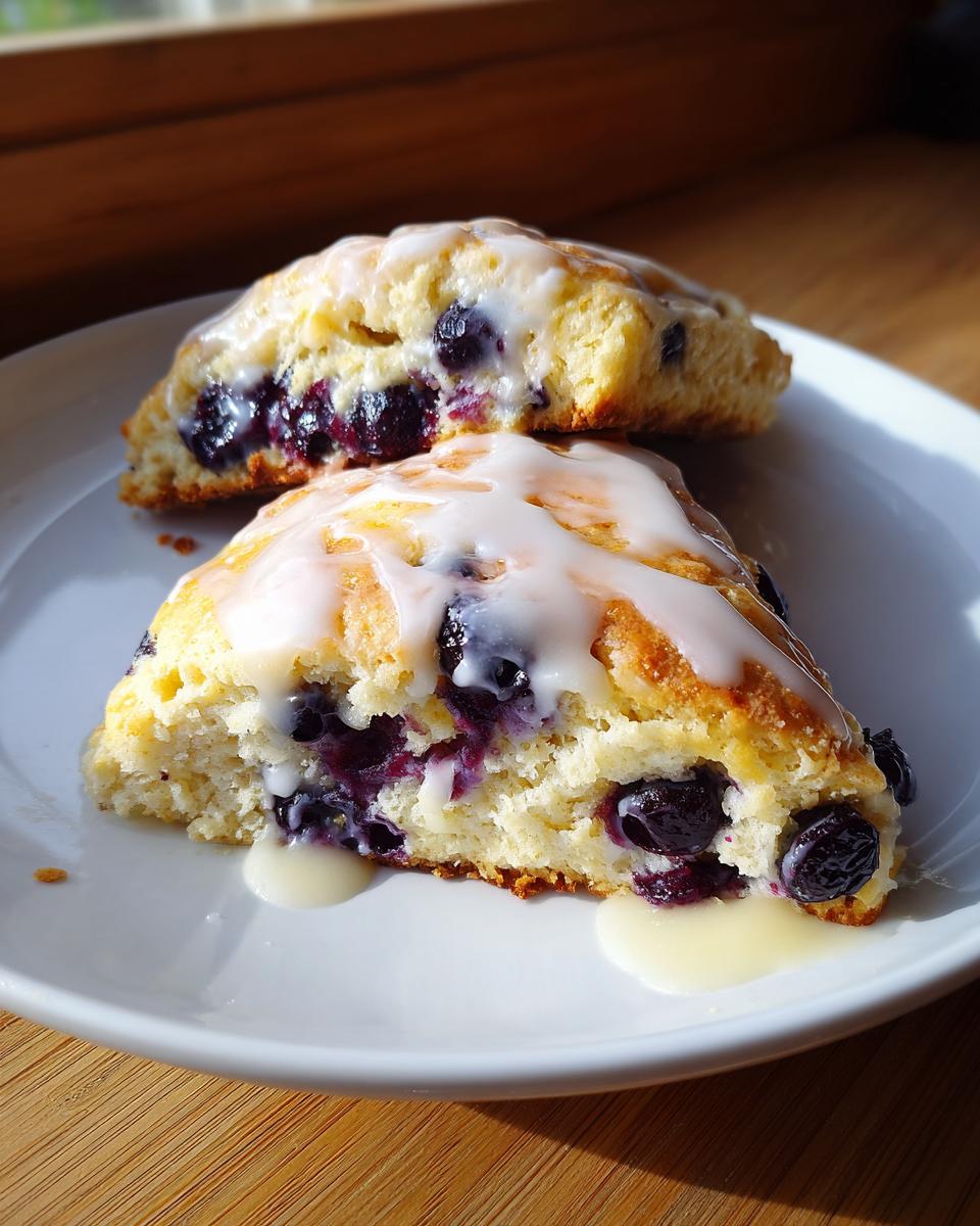 Two halves of a lemon blueberry scones, generously topped with white glaze, resting on a white plate.
