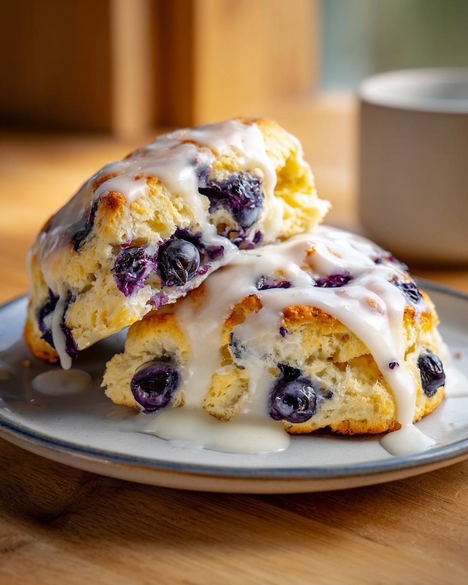 Two delicious lemon blueberry scones, split and stacked, generously drizzled with white glaze.