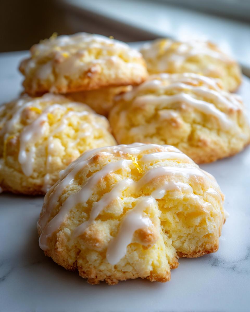 A stack of soft, yellow ricotta cookies drizzled with white lemon glaze, featuring a bite taken out of the front cookie.