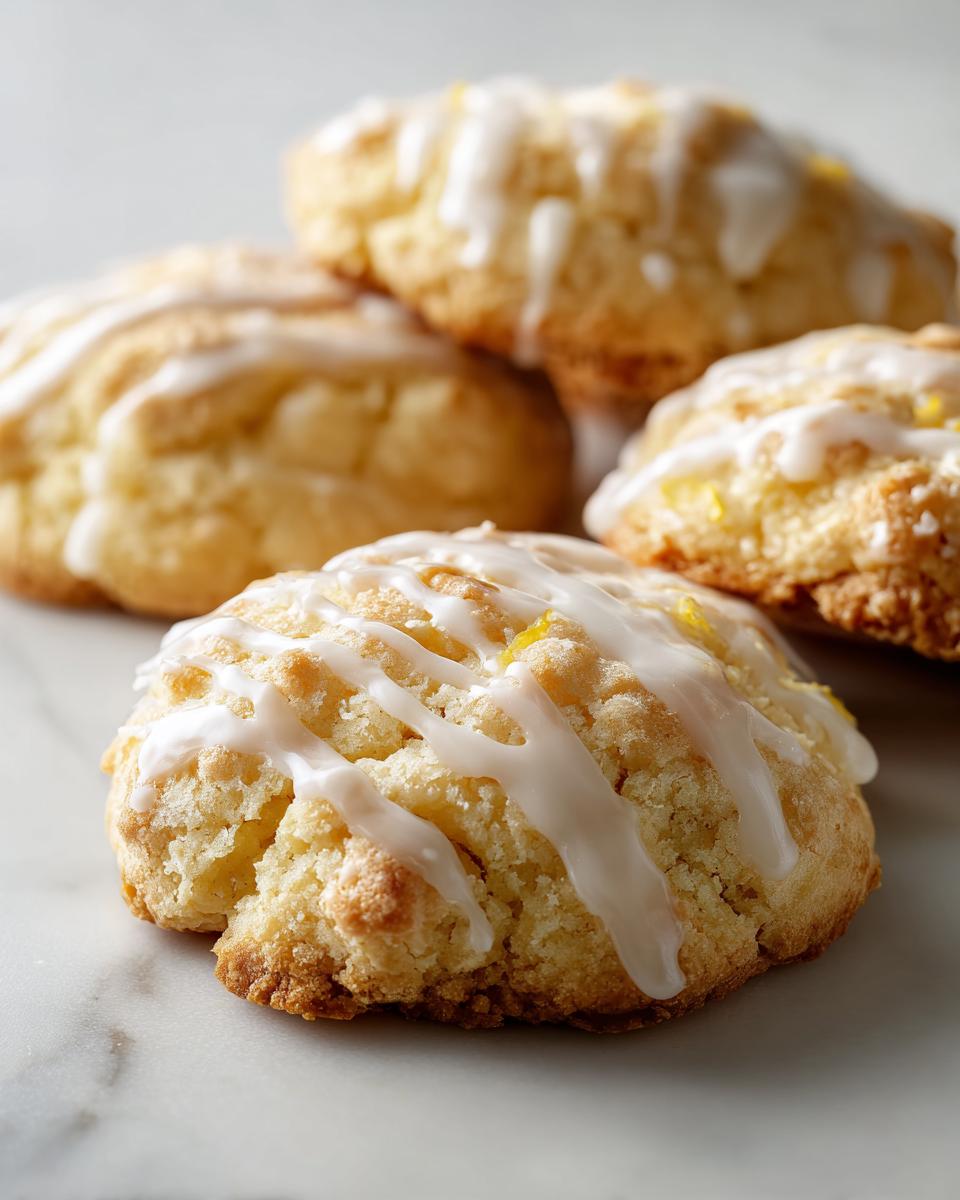 Close-up of soft, cake-like ricotta cookies drizzled with white lemon glaze and topped with zest.