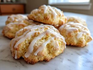A pile of fluffy, golden ricotta cookies drizzled with a thick white glaze, resting on a marble surface.