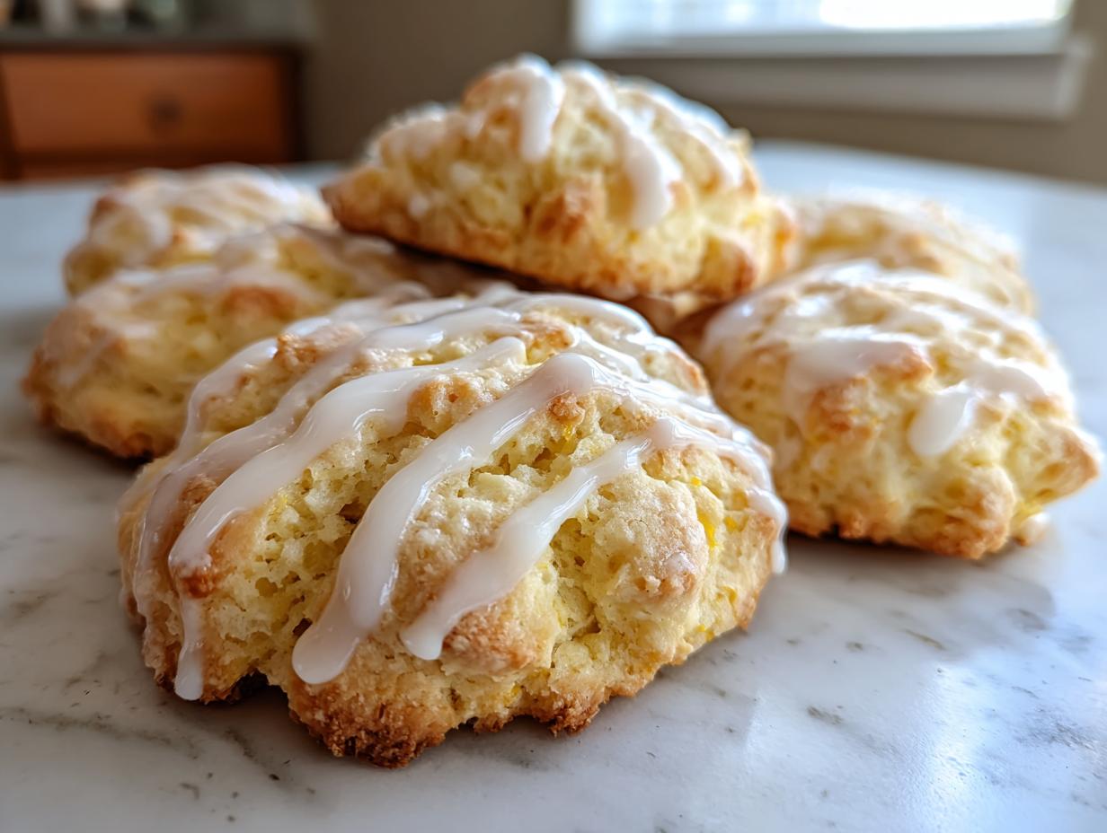 A pile of fluffy, golden ricotta cookies drizzled with a thick white glaze, resting on a marble surface.