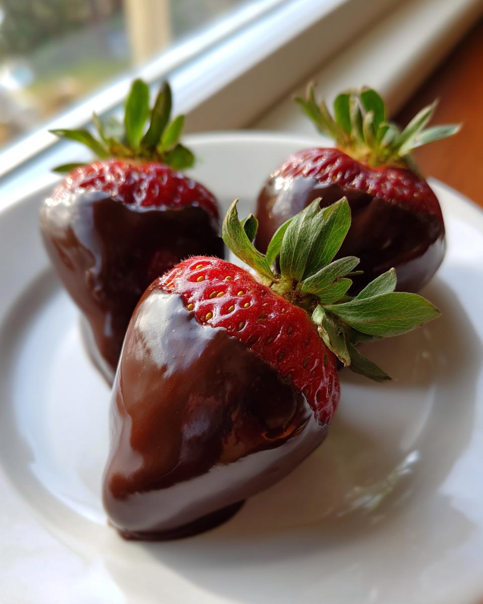 Three perfectly dipped chocolate covered strawberries resting on a white plate near a window.