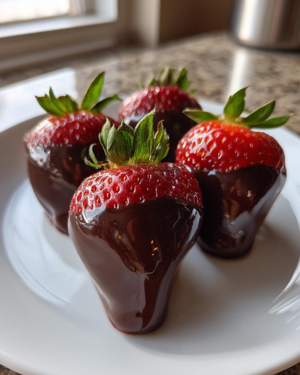 Four fresh, glossy chocolate covered strawberries with vibrant green tops sitting on a white plate.
