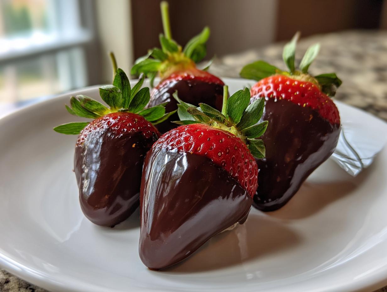 Four perfectly dipped, glossy chocolate covered strawberries resting on a white plate.