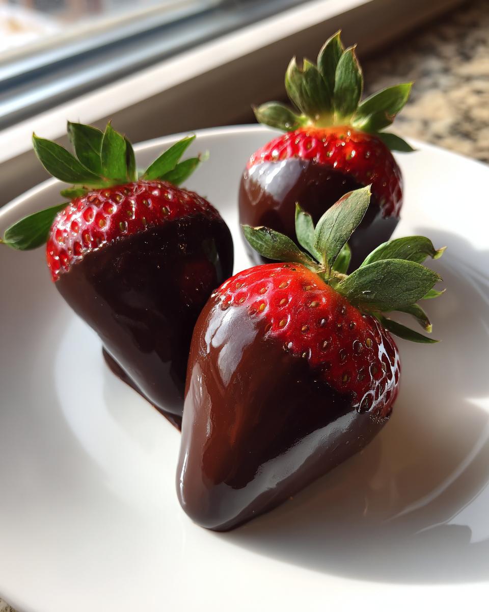 Three freshly made chocolate covered strawberries with glossy dark chocolate coating resting on a white plate.