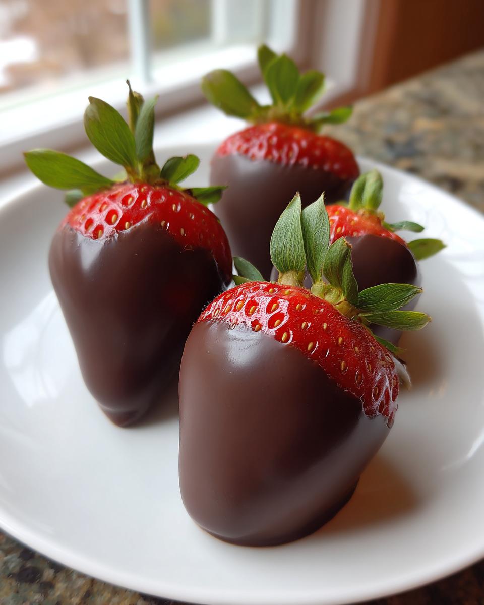 Four glossy chocolate covered strawberries with bright green tops resting on a white plate.