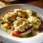 Close-up of creamy gluten free chicken and dumplings topped with herbs, featuring shredded chicken and mixed vegetables.
