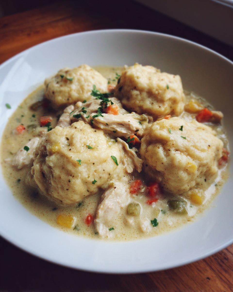 A close-up of a white bowl filled with creamy gluten free chicken and dumplings, garnished with parsley.