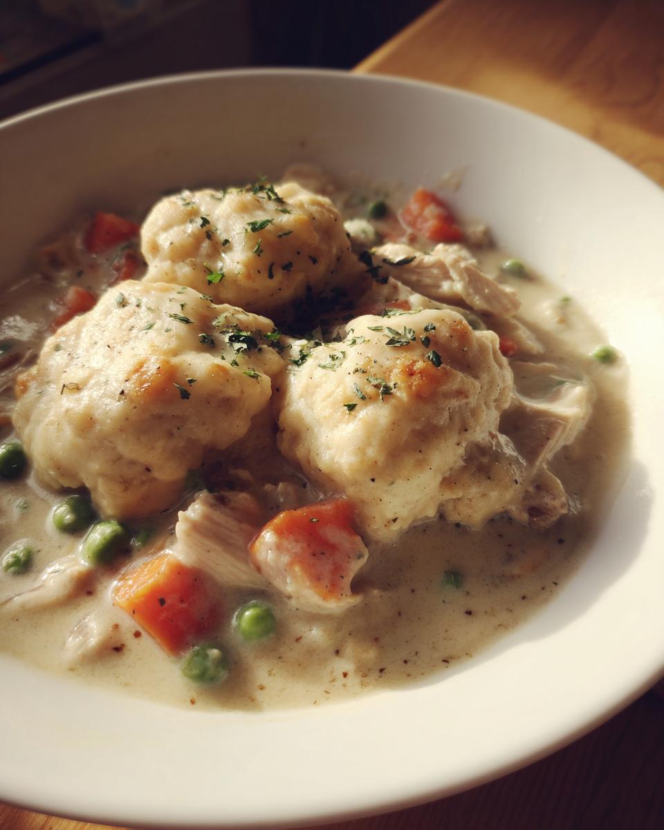 Close-up of a white bowl filled with creamy gluten free chicken and dumplings, topped with parsley.