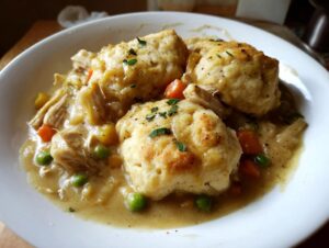 Close-up of three fluffy dumplings atop creamy chicken and vegetable stew, showcasing the gluten free chicken and dumplings recipe.