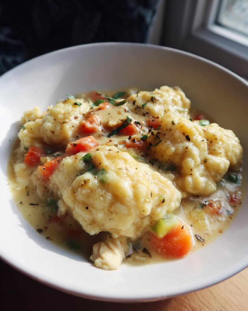 Close-up of a white bowl filled with creamy gluten free chicken and dumplings, featuring soft dumplings and visible carrots and herbs.