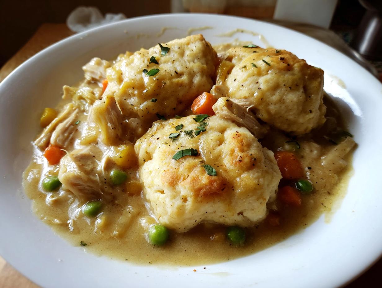Close-up of three fluffy dumplings atop creamy chicken and vegetable stew, showcasing the gluten free chicken and dumplings recipe.