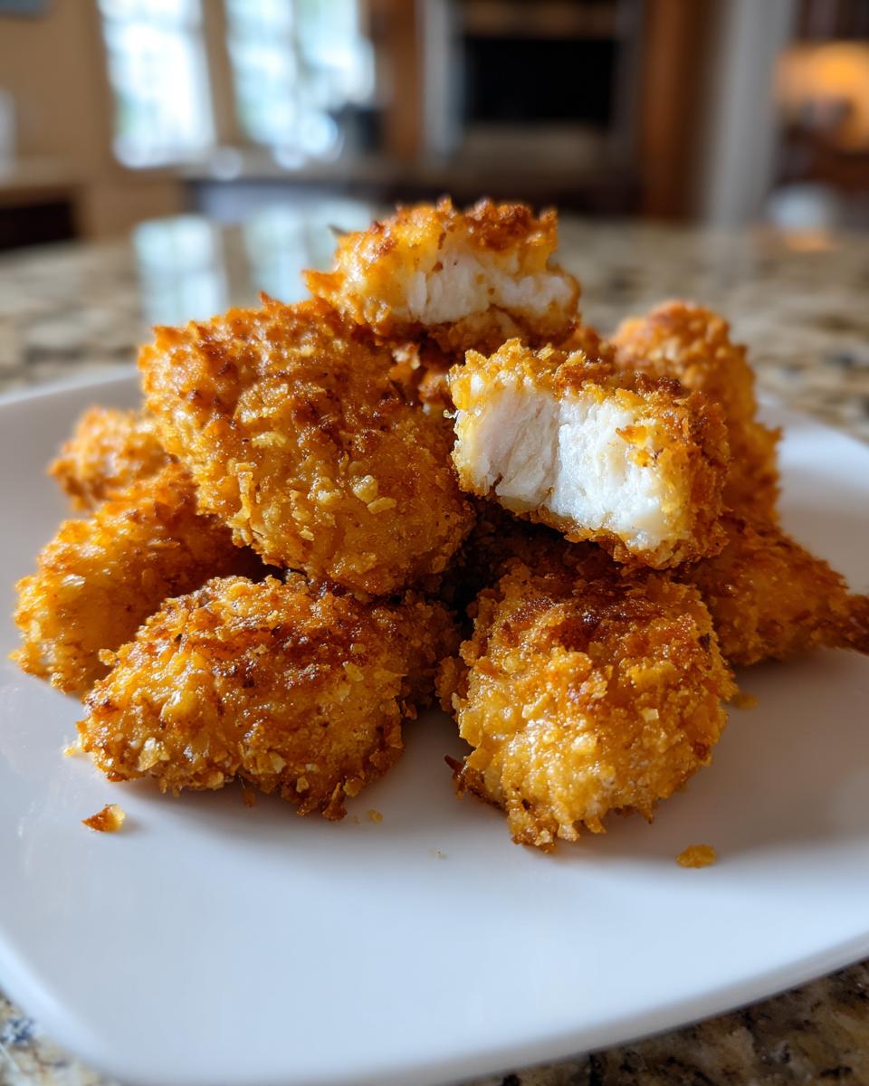 A pile of golden brown, crispy air fryer chicken tenders on a white plate, one piece broken open showing juicy white meat.