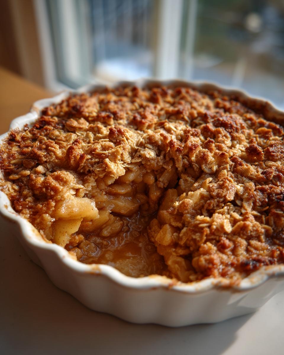 Close-up of a bubbling, golden brown apple crisp with an oatmeal topping, served in a white fluted baking dish.