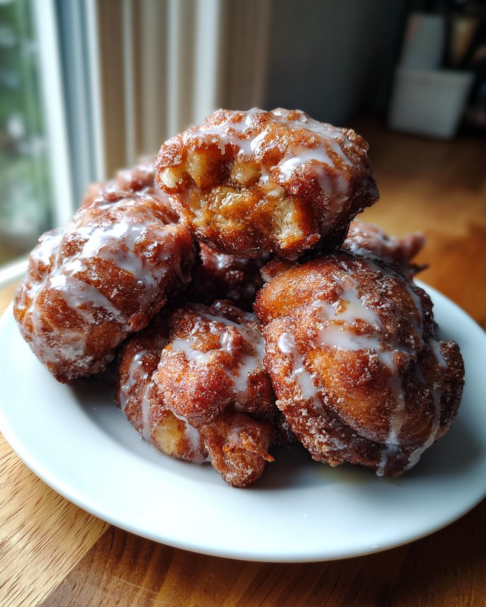 A stack of freshly fried, glazed apple fritter bites piled high on a white plate.