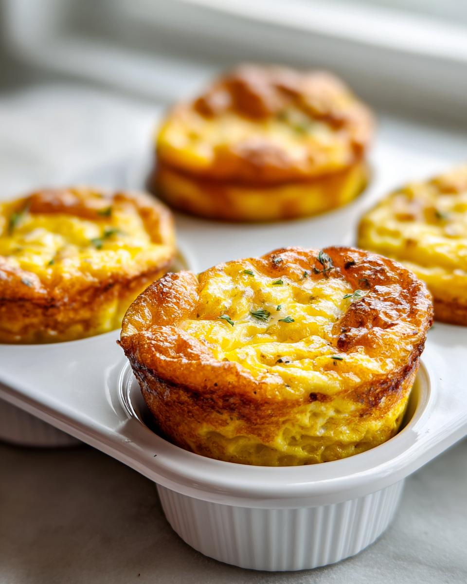 Close-up of a freshly baked, golden brown egg bite in a white ramekin, perfect for meal prep.