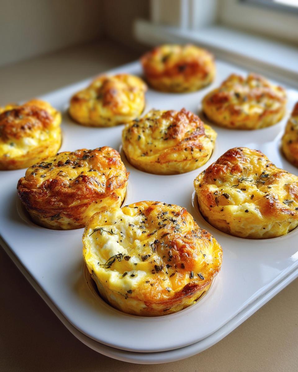 Close-up of freshly baked, golden brown egg bites seasoned with herbs in a white muffin tin.