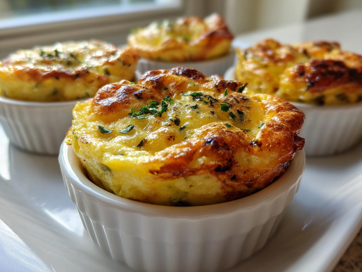 Close-up of freshly baked, golden brown egg bites topped with herbs, served in white ramekins.