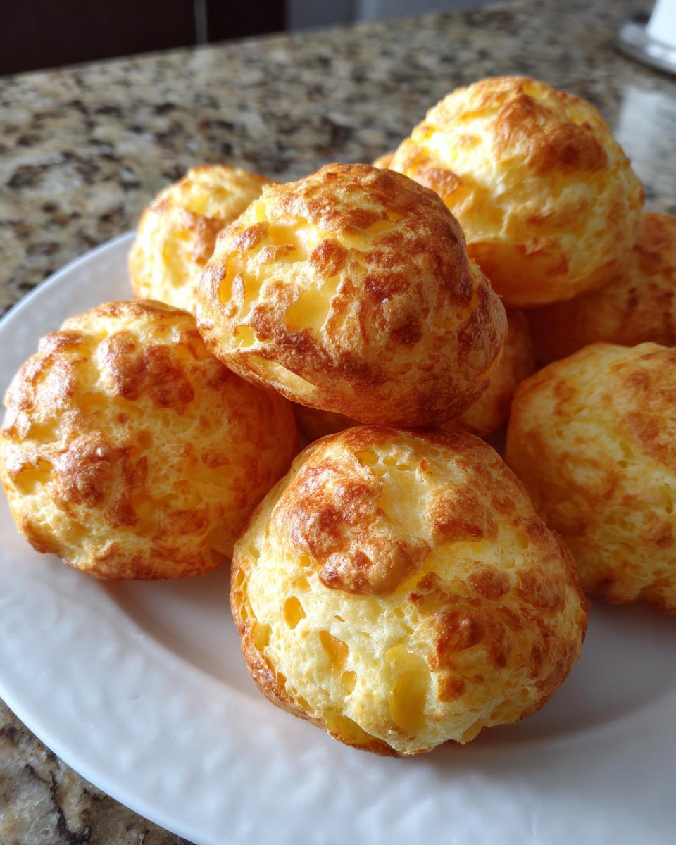A close-up of several golden-brown, puffy brazilian cheese bread rolls stacked on a white plate.
