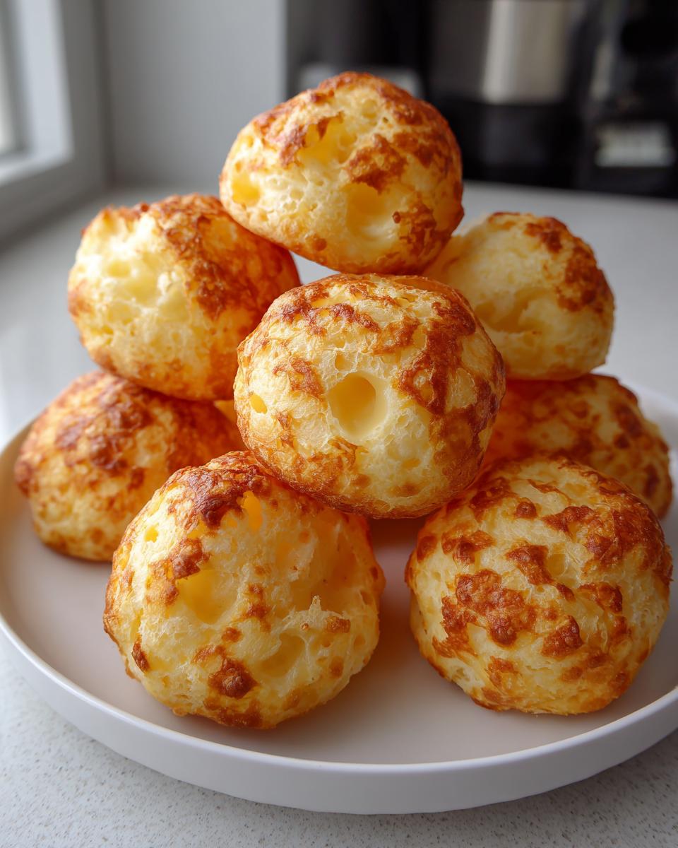 A stack of freshly baked, golden brown brazilian cheese bread puffs resting on a white plate.