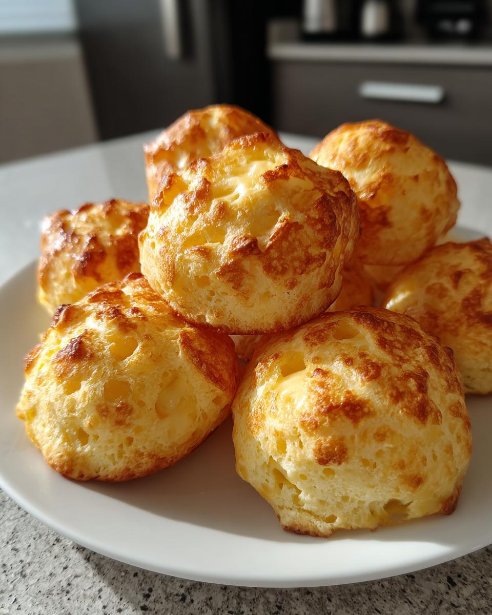 A close-up of several freshly baked, golden-brown brazilian cheese bread puffs piled on a white plate.