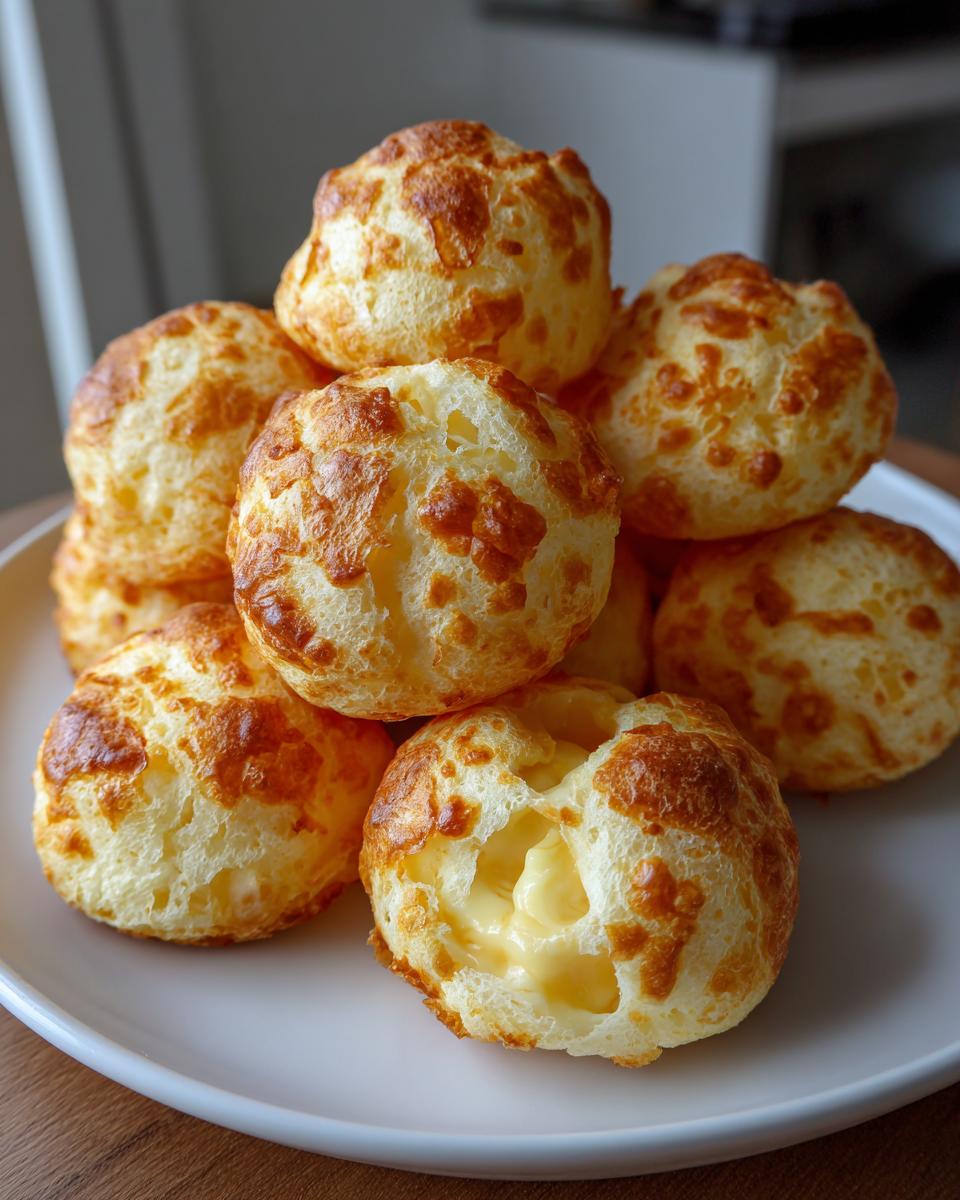 A stack of freshly baked brazilian cheese bread rolls with golden-brown, bubbly tops, one showing a gooey cheese center.