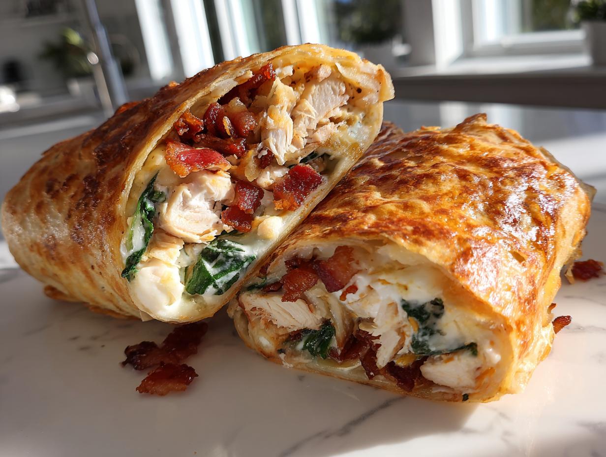 A golden, crispy chicken bacon ranch wrap cut in half, revealing chunks of chicken, bacon, spinach, and creamy ranch filling.
