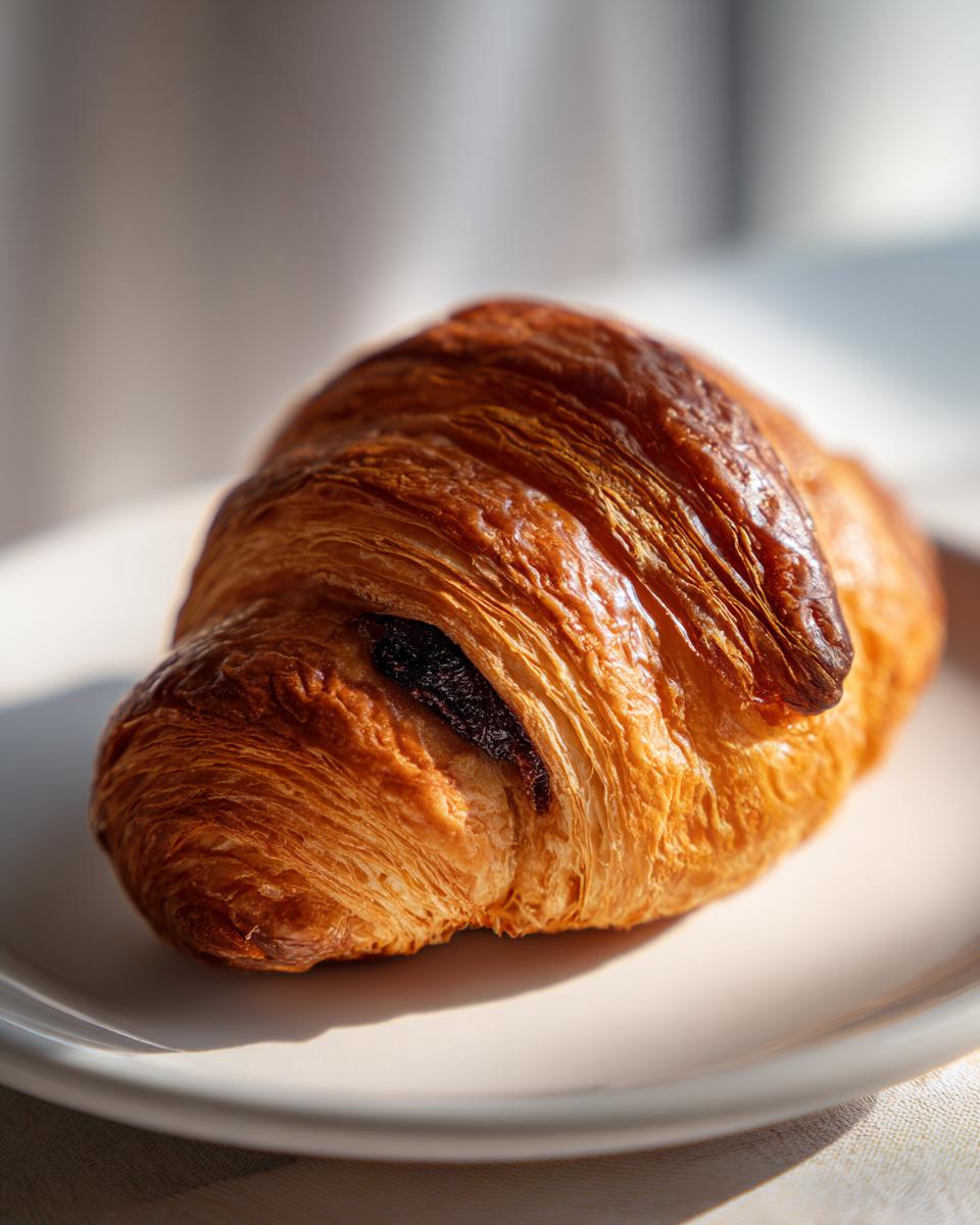 Close-up of a flaky, golden-brown chocolate croissant resting on a light-colored plate.