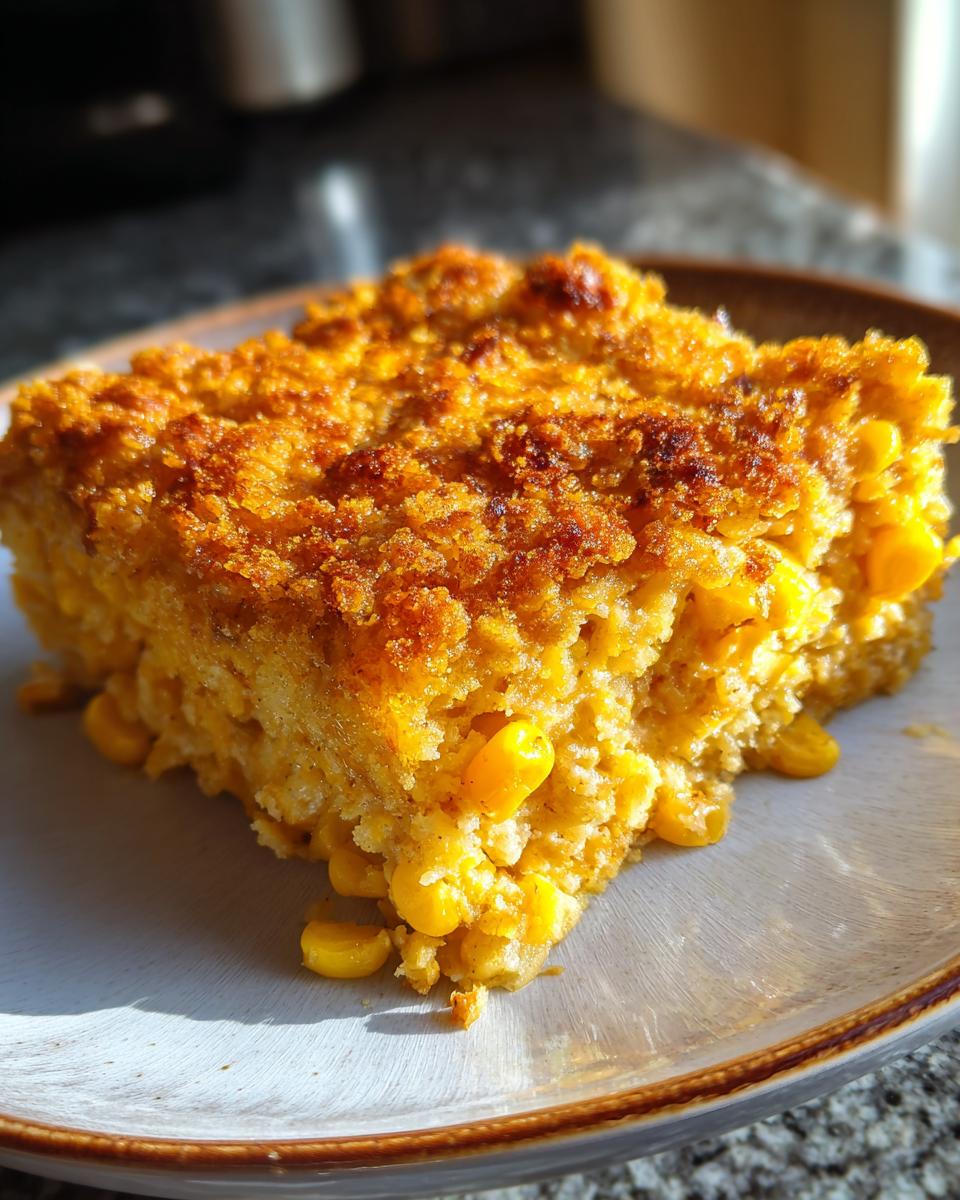 A close-up, sunlit slice of baked cream cheese corn casserole, showing whole corn kernels and a golden, slightly crusty top.