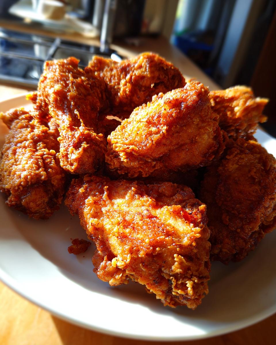 Close-up of several perfectly golden brown and crispy fried chicken wings piled high on a white plate.