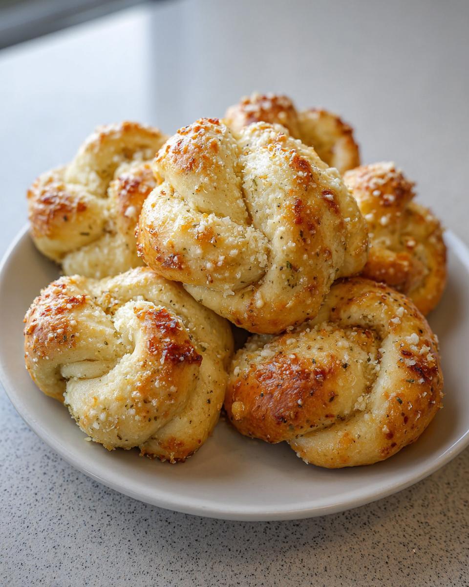 A close-up of several golden brown garlic parmesan knots generously topped with grated cheese and herbs, served on a light plate.
