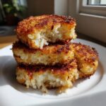 A stack of three crispy, golden brown mashed potato cakes, with the top one broken open to show the fluffy interior.