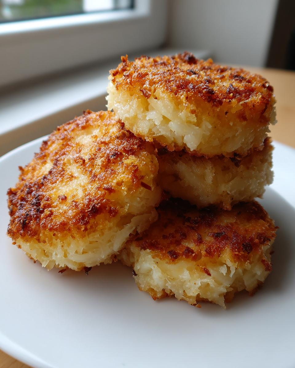 A stack of four crispy, golden brown mashed potato cakes served on a white plate.