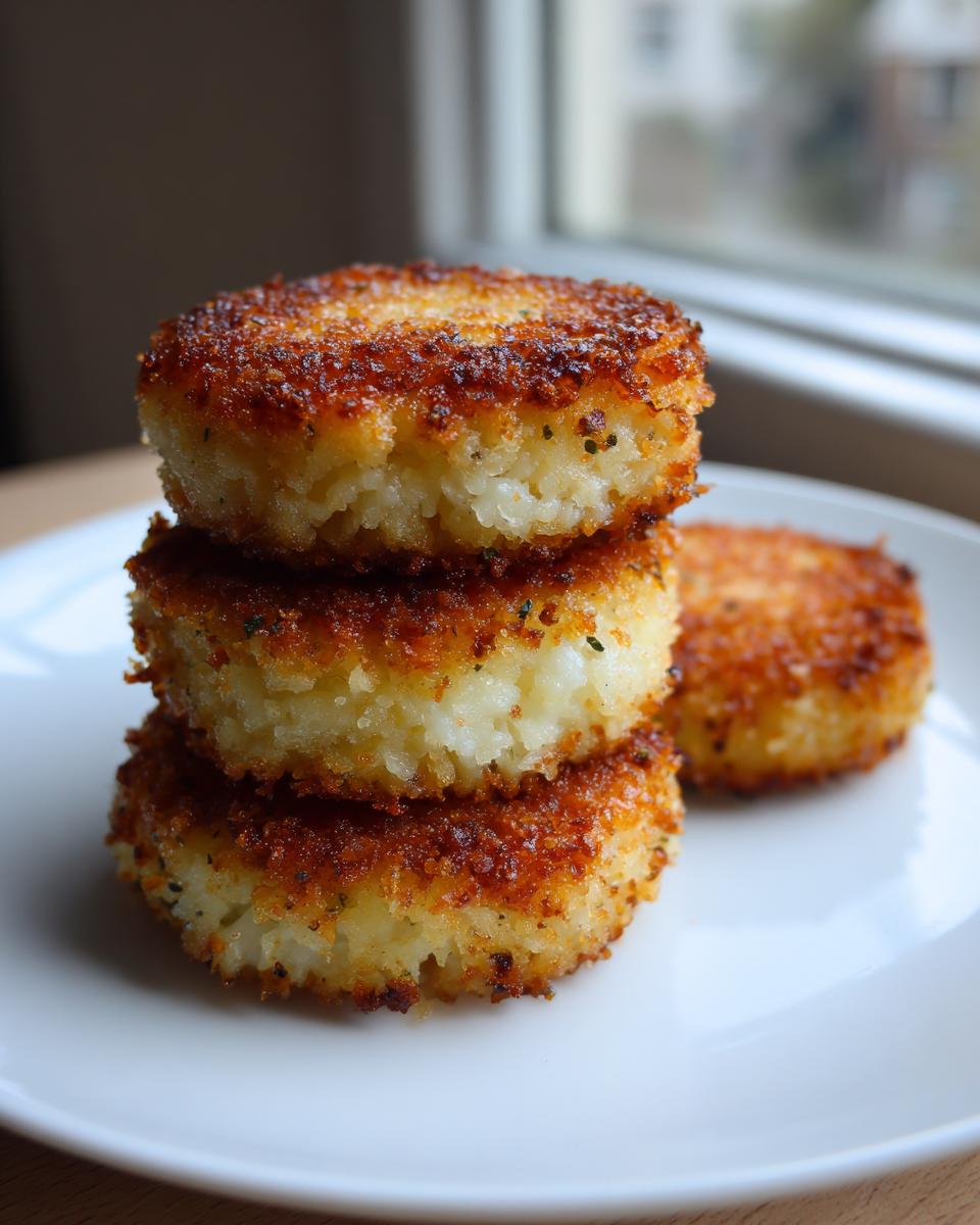 A stack of three perfectly golden brown, crispy mashed potato cakes served on a white plate.