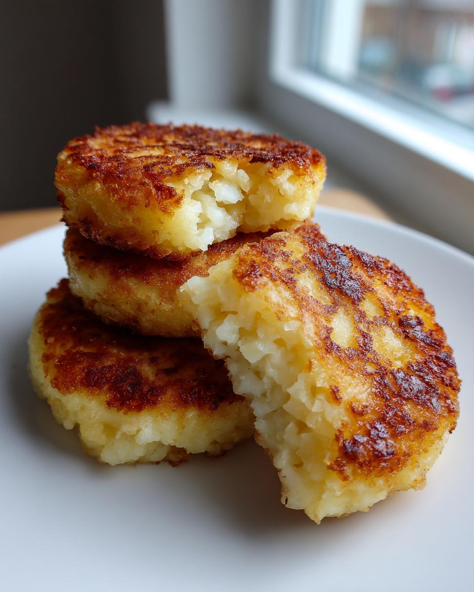 A stack of three golden brown, pan-fried mashed potato cakes, with the top one broken open showing the fluffy interior.