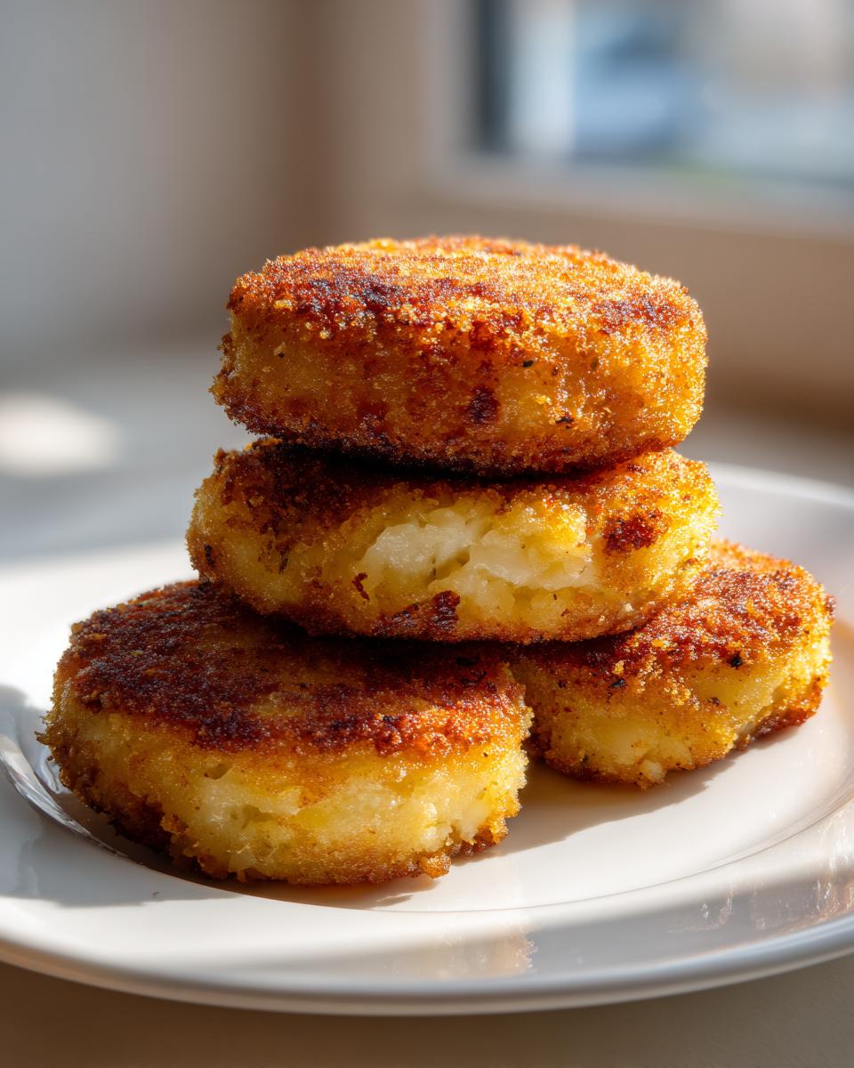 A stack of four golden brown, crispy mashed potato cakes resting on a white plate, with one cake broken open.