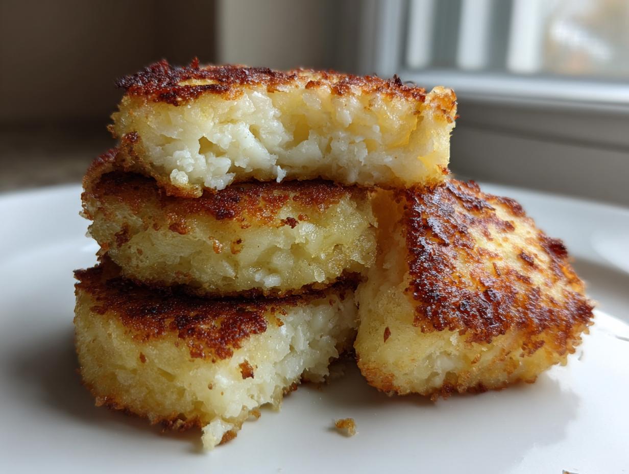 A close-up stack of four golden-brown, crispy mashed potato cakes, showing the fluffy interior.