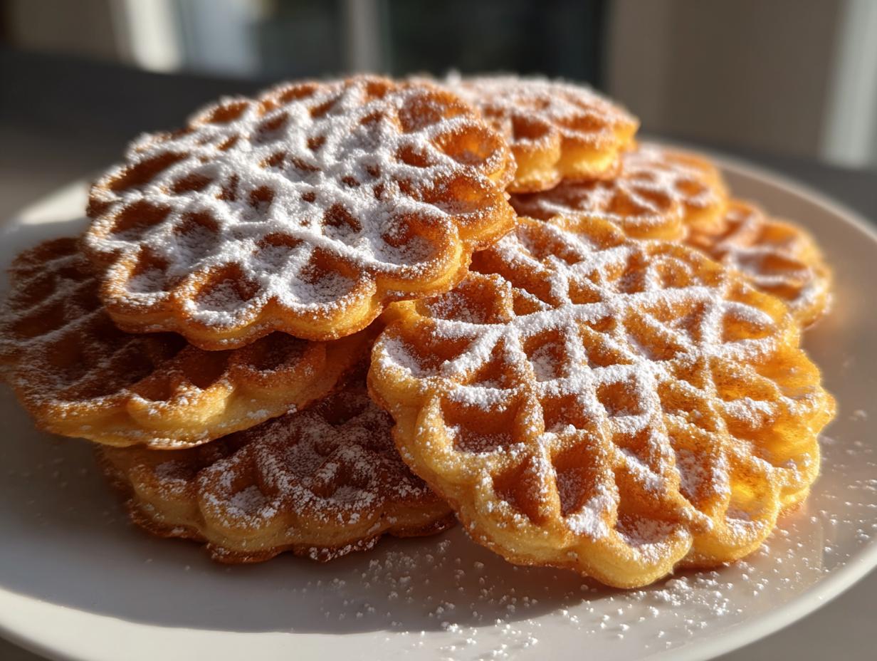 A stack of golden, crisp pizzelle cookies dusted generously with white powdered sugar on a white plate.