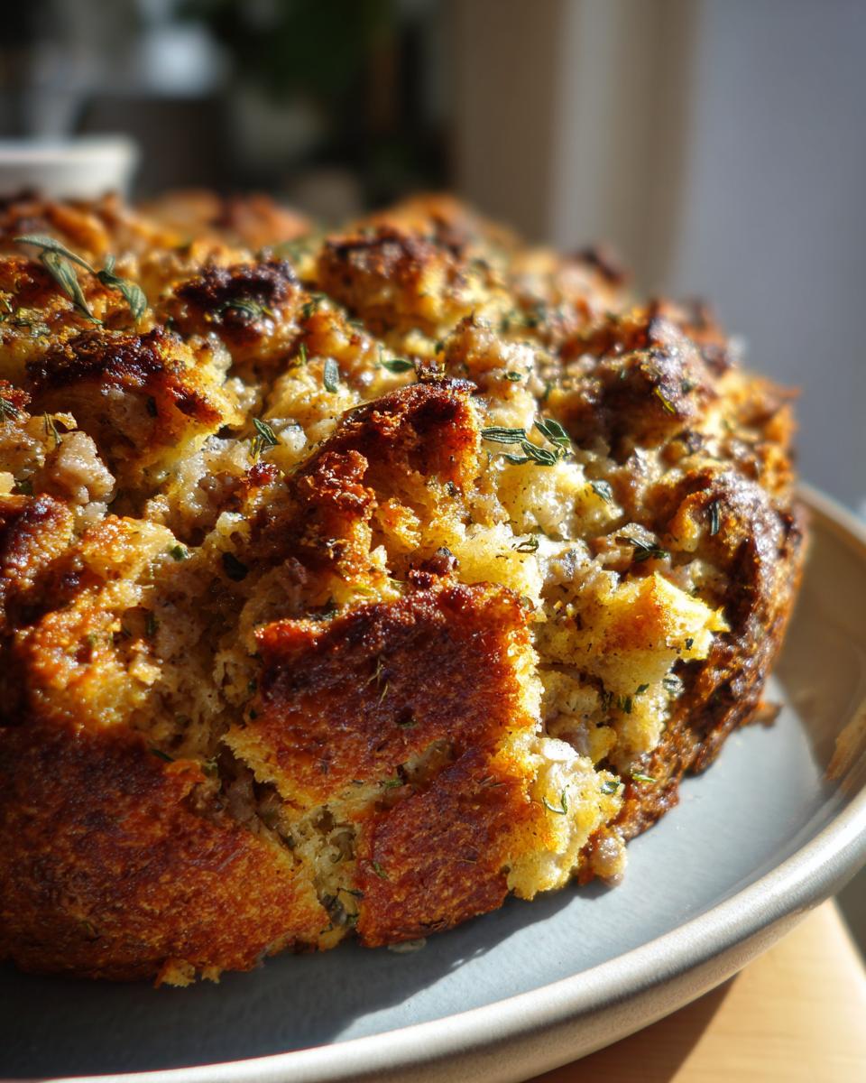 Close-up of a freshly baked, golden brown sausage stuffing with crispy edges and fresh herbs sprinkled on top.