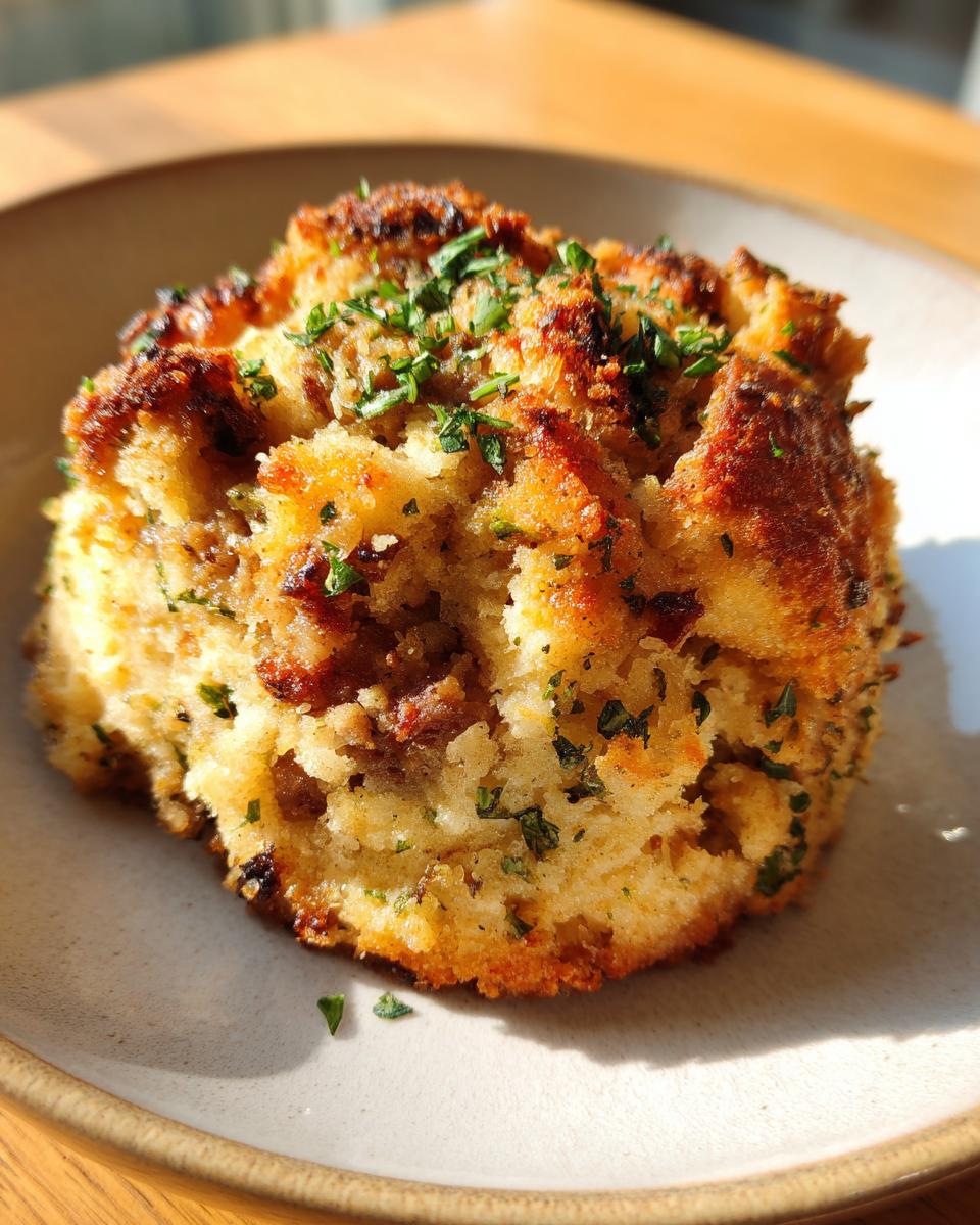 A close-up of a perfectly baked portion of sausage stuffing, golden brown and topped with fresh green herbs.