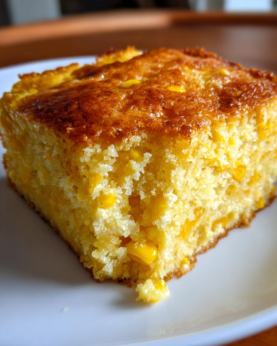 Close-up of a golden-brown slice of moist cornbread casserole with visible corn kernels.