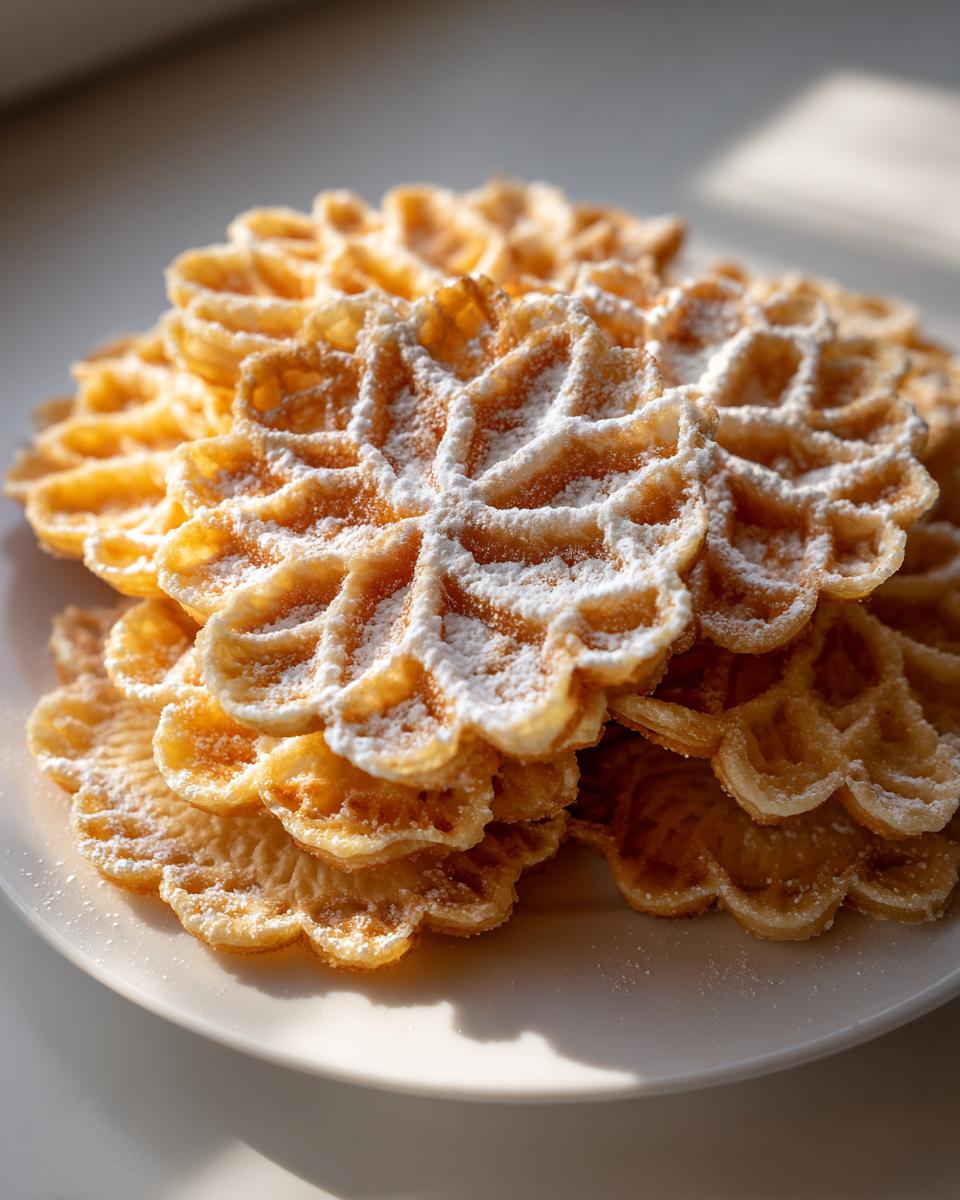 A delicious stack of golden brown pizzelle cookies dusted generously with white powdered sugar.