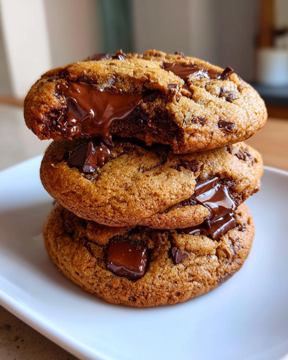 A stack of three thick, golden-brown chocolate chip cookies, with the top one broken open revealing a gooey, melted chocolate center.