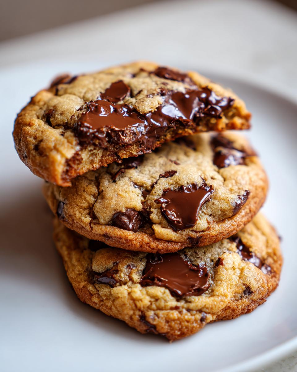A stack of three soft, chewy chocolate chip cookies with melted chocolate pools, one cookie broken open.