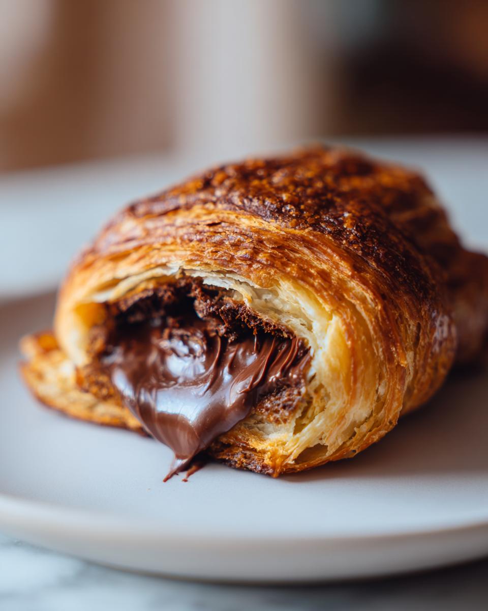 Close-up of a flaky chocolate croissant with melted chocolate oozing out of the center.